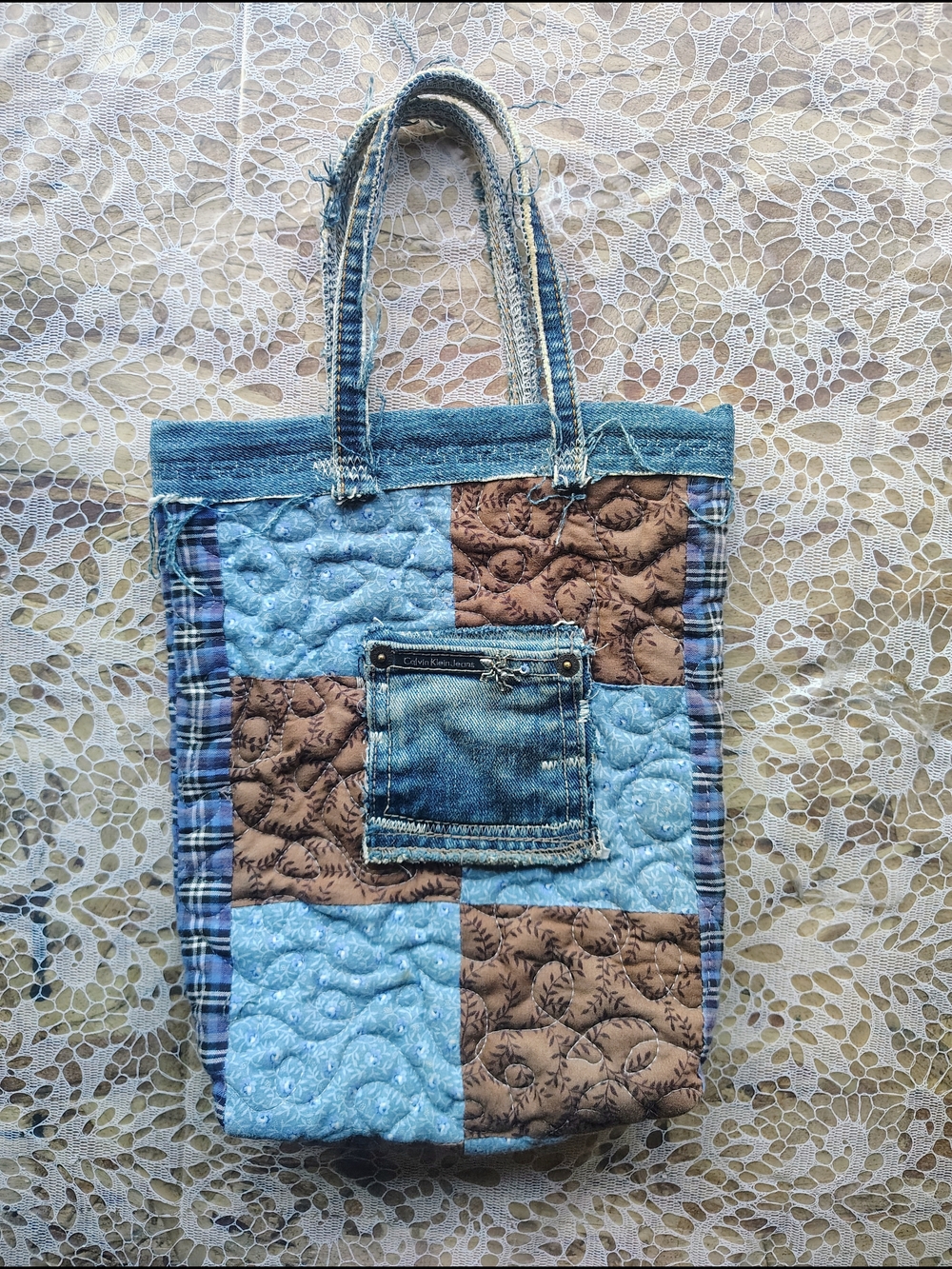 Upcycled Handmade Denim Patch Work Tote Horse/Bronco Brown & Blue Boho Handbag